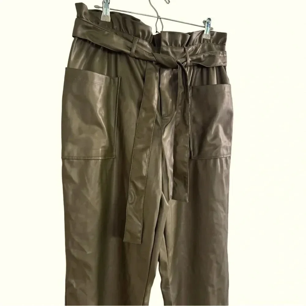 Who What Wear Olive Green Ankle Pants Belted Faux-Leather Paper Bag Trouser 16 - Picture 5 of 14